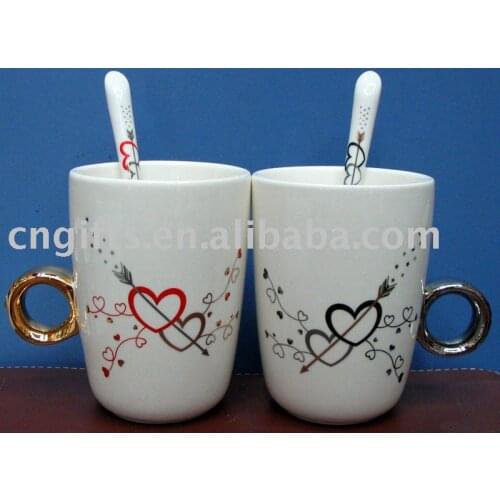 50pcs(25sets)/LOT (2pcs mug 2pcs spoons for 1 set), ceramic lovers mug diamond ring couple cup with spoons valentines gifts