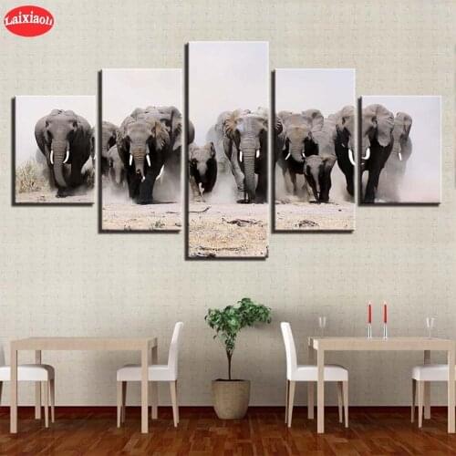 5d photo Round Diamond Painting Modern animal art, elephant herd Full Drill Square Mosaic Home Decor Handmade Embroidery Gift
