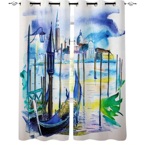 Building House Boat Watercolor Window Curtains Home Decor Living Room Curtains Kitchen Drapes Panel Curtains for Bedroom