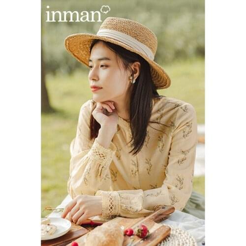 INAMN Women Retro Ladies Top Autumn Romantic Lace Long Sleeve Elegant Flower Print Floral Design Button Up Female Shirt Blouse