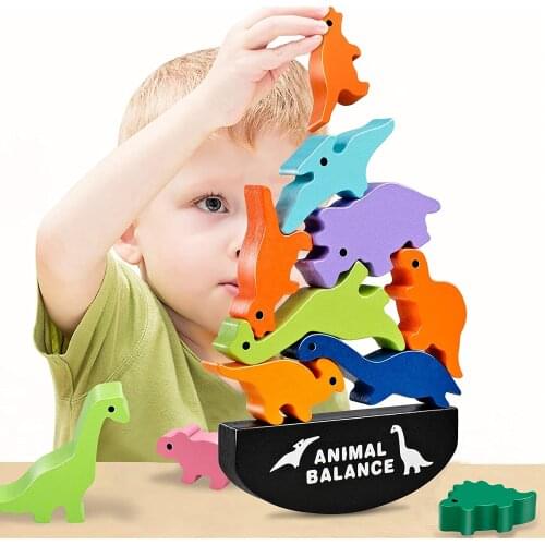 Children Wooden Animal Balance Blocks Board Games Toy Dinosaur Educational Stacking High Building Block Wood Toy Boys