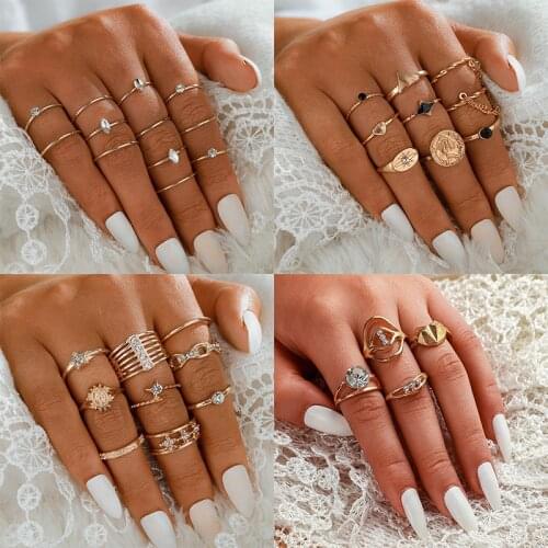 Docona Luxury Rhinestone Star Finger Rings Set for Women Vintage Geometric Portrait Metal Knuckle Rings Party Jewelry Anillos