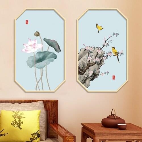 Chinese Style Wall Sticker Flower Bird Painting Home Decor Bedroom Living Room Backdrop Wall Decal Room Decoration Aesthetic