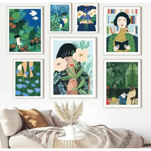 Morocco Girl Reading Jungle Plant Pet Cat Wall Art Canvas Painting Nordic Posters And Prints Wall Pictures For Living Room Decor