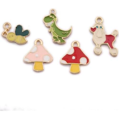 Cute Colorful Enamel Alloy Charms kawaii Food Mushroom Animal Bee Puppy Dog Dinosaur Earring Necklace Pendants Ornaments 10pcs