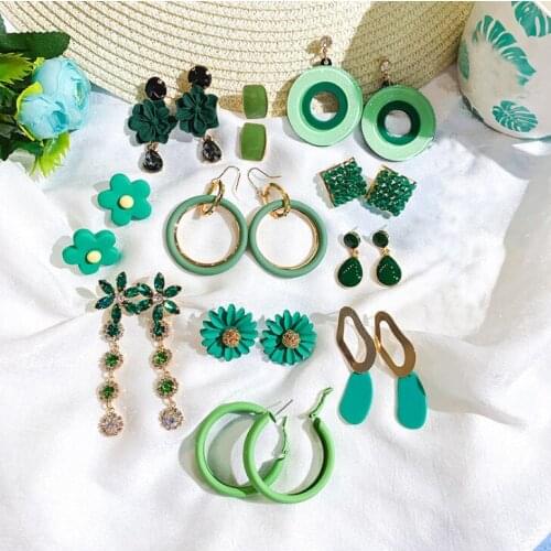Fashion mint Green Literary Flower Drop Earrings Fresh Trends Sweet Girl Round Square Geometry Pendientes Hanging Earrings