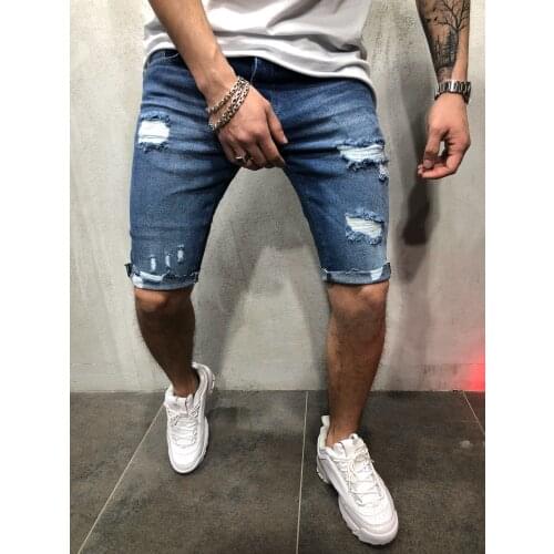 2021 New Summer Mens Retro Denim Shorts Patchwork Ripped Jeans Shorts Knee Length Cotton Shorts for Male shorts jeans