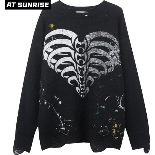 Mens Hole Streetwear Harajuku Sweater Couples Retro Hand Painted Heart skeleton Sweater Knitted Sweater winter Cotton Pullover