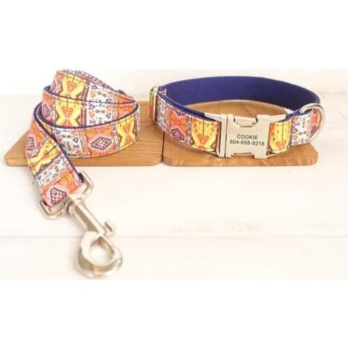 Personalized Pet Collar Customized Nameplate ID Tag Adjustable Soft Dark Blue Bohemia Cat Dog Collars Lead Leash Set