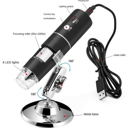 Portable HD 2 million pixels 1000 times WiFi electronic digital microscope LED lamp metal base 180 degree rotation