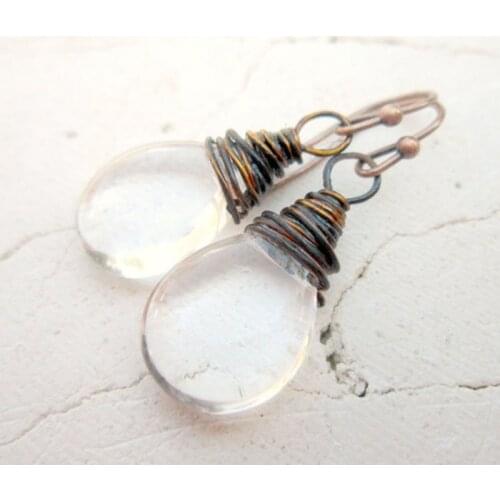 Clear Glass Dangle Earrings Oxidized Copper Wrapped Glass Drop Earrings Czech Glass Earrings
