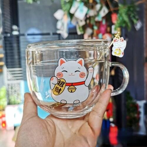 Cartoon Lucky Cat Glass mug coffee mug Breakfast Hamster Cup Milk Cup Water Cup Mug Juice Cereal Cup Office Water Cup Child Gift