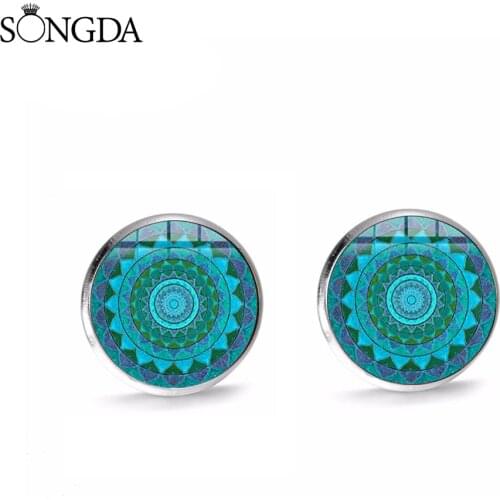 Bohemian Indian Henna Mandala Stud Earrings Yoga Om Symbol Zen Buddhism Crystal Glass Art Round Earrings Vintage Jewelry