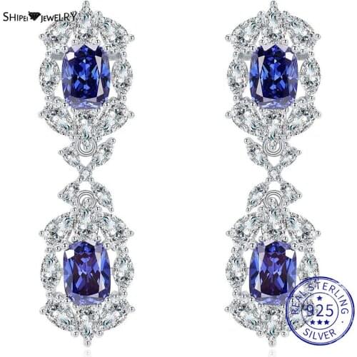 Shipei Luxury 925 Sterling Silver Sapphire Created Moissanite Gemstone Drop Earrings For Women Wedding Engagement Fine Jewelry