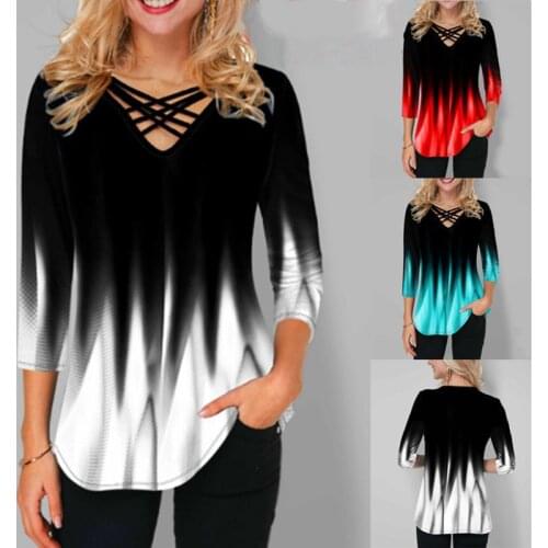 WIRELESS AGE T Shirt Women Seven Points Sleeve Round Neck Splicing Loose Pullover Casual Womens Tops New Summer Fashion Wild