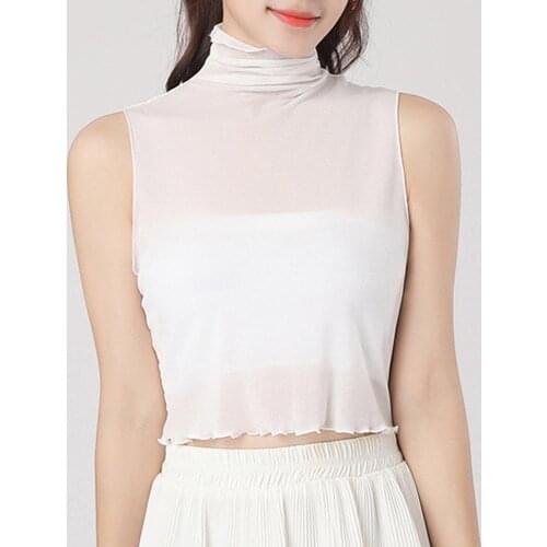 Women Autumn Ruffles Turtleneck Mesh Fake Collar Semi Sheer Vest Style Half Tops 649C