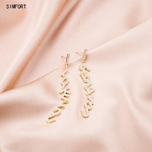 Womens 925Silver Pin Earring SLetter Flash Diamond Long Elegant Fashion Personality Simple Alloy Decoration Jewelry Gift