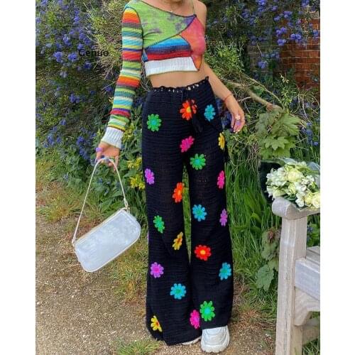 See Through Flared Leg Pants Women High Waist 2021 Summer Boho Sheer Flower Crochet Beach Holiday Long Pants Trousers