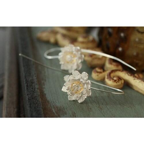 ANENJERY 925 Sterling Silver Handmade Flower Earrings Wire Drawing Lotus Earrings For Women Fine Jewelry S-E124