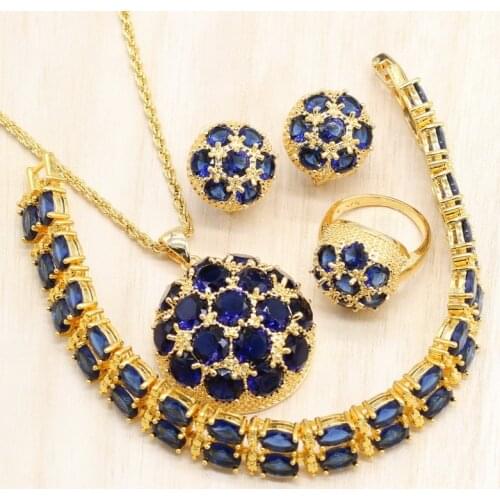 Gold Color Women 4PCS Jewelry Sets Blue Cubic Zirconia Earrings Pendant Necklace Ring Bracelet Wedding Jewelry 4PCS