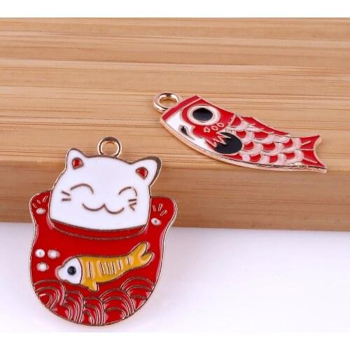 10Pcs/lot Lovely Enamel Lucky Cat And Fish Charms Making Cute Animal Pendant Necklaces Keychain Jewelry
