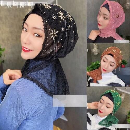 2020 Womens Fashion Beading Floral Turban Instant Hijab Cap Dubai Wedding Party Headwear Muslim Islamic Khimar Shawls Headwrap