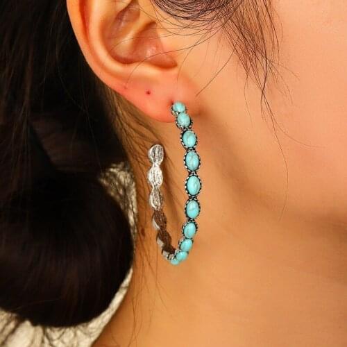 2021 Wholesale Vintage Western Style Turquoise Big Circle C-shaped Turquoise Hoop Earrings for Women Girl Gift