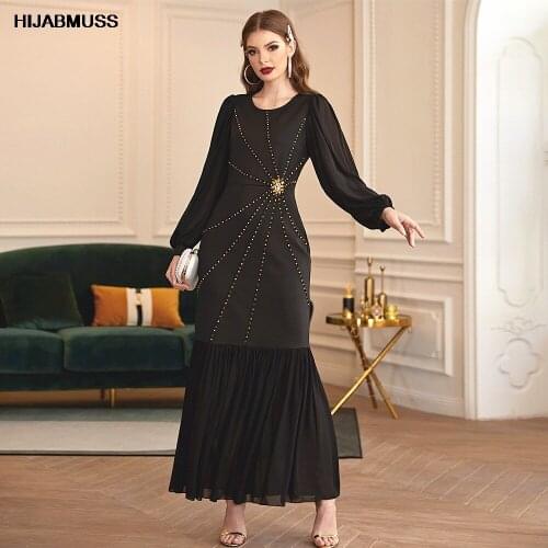 2021 Middle East Abaya New Four Seasons Black Stretch Slim Big Lantern Sleeve Inlaid Diamond Dress Ma'am Muslim Long Skirt