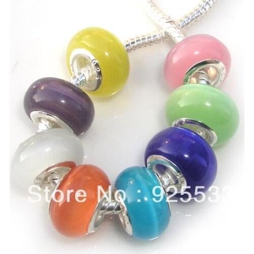 Free Shipping 14mm Cat Eye Murano Silver Plated Core Mix Color Big Hole Loose Beads fit European Jewelry Bracelet Charms DIY