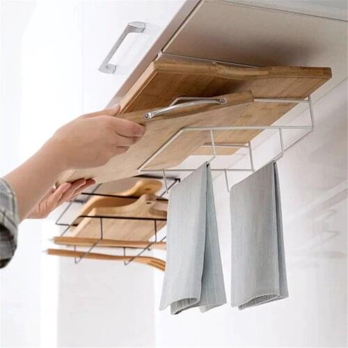Home Double Layer Iron Kitchen Cabinets Shelf Chopping Board Storage Rack Shelves Kitchen Towel Holder Rack Free Drilling