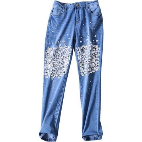 Boyfriend Denim Style Skinny Stretch Casual Pants Sequin Pattern Trousers Vintage Jeans Womens Blue Jeans Women 2020
