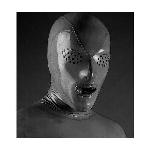 Fetish Black Latex Rubber Mask Hood Mesh Eyes Mouth Condom Unique Clubwear