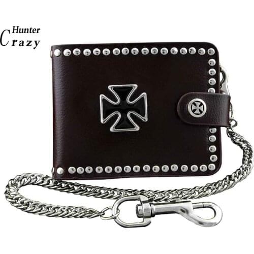 Iron Cross Biker Trucker Snap Leather Wallet Purse With Chain for Cool Men