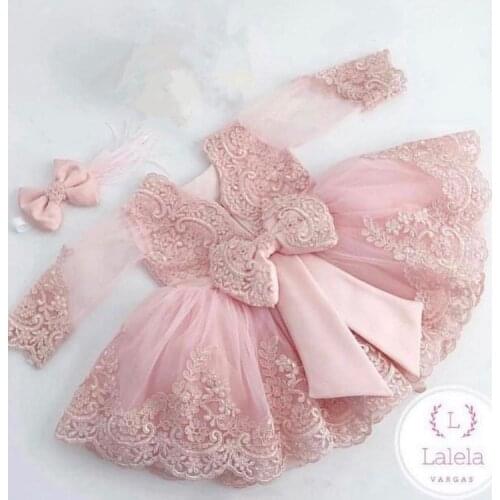 Long Sleeve Pink Lace Flower Girls Dresses Ball Gowns Bow Back Long Sleeve Pink Communication Dress Celebrity Dress