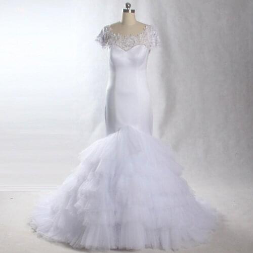 LZ225 Real Photo Luxury Top Quality Beaded Crystal Mermaid Wedding Dress Fashion Lace Appliques Cascading Ruffles Bridal Gowns