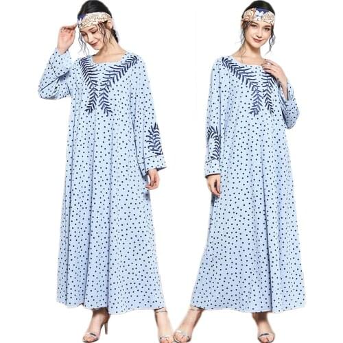 Embroidery Muslim Women Long Dress Abaya Arab Jilbab O-neck Long Sleeve Kaftan Polka Dot Maxi Robe Ramadan Turkish Singapore New