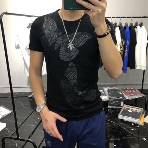Male T-shirt Butterfly Printed Youth Slim 2021 Summer New Mercerized Cotton Black Solid Color Personalized Mens Clothing Top