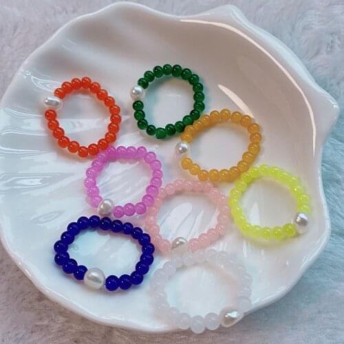 New Vintage Sweet Rainbow Color Handmade Crystal Beads Ring Elastic Rope Finger Rings For Women Girl Party Fashion Jewelry