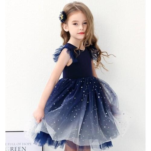 Girl Performace Dress Ombre Star Toddler Girls Birthday Party Outfits Dresses Tutu Ruffle Kids Princess Fancy Dress Drama Navy