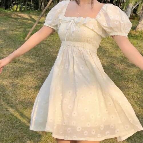 A-line Dresses Women Floral Ruffles Square Collar Puff Sleeves High Waist Summer Casual Mini Korean Style Ulzzang Soft Daisy Ins
