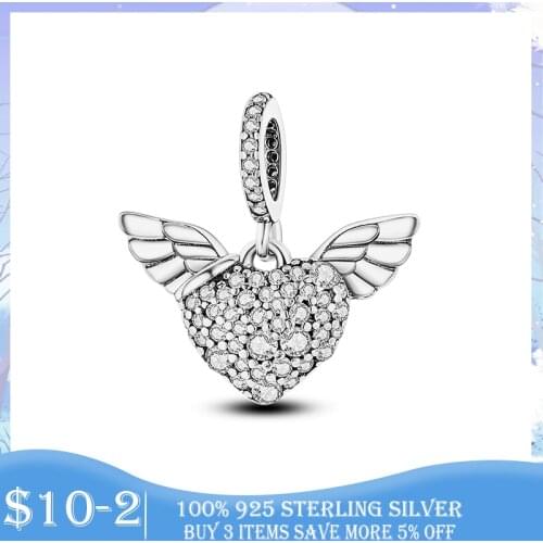 Hot Sale 925 Sterling Silver Pave Heart and Angel Wings Pendant Charm fit Original Beads Bracelet Necklace Silver 925 Jewelry