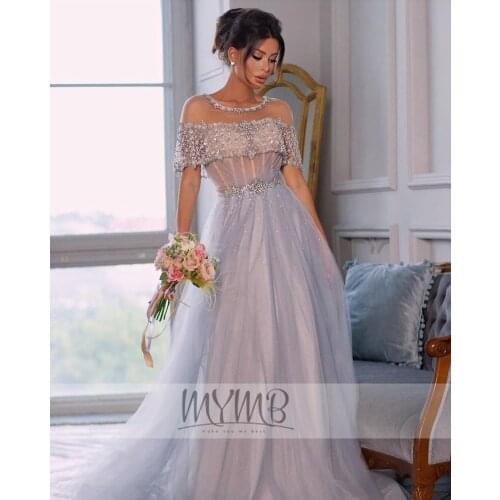 Dubai Stunning Luxury Light Blue Evening Prom Dress Tulle Crystal Beading Handmade Aline Long Illusion Flowy Formal Party Gowns