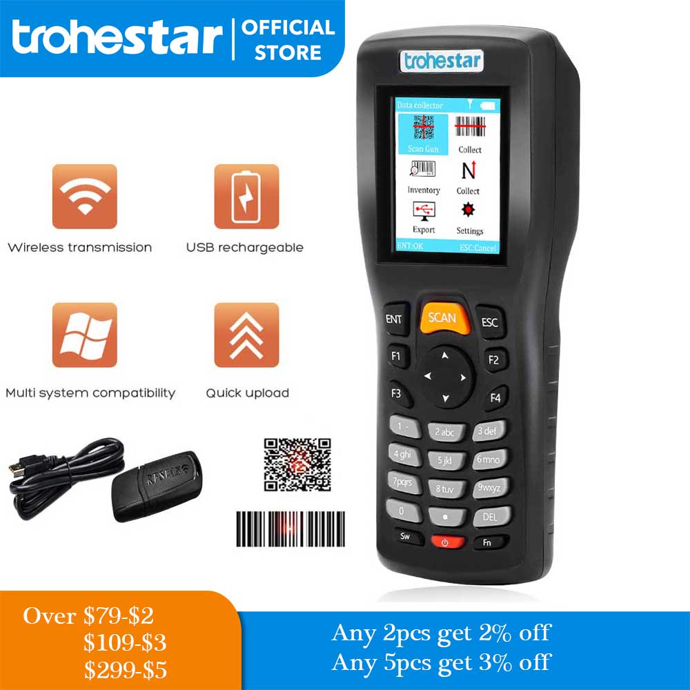 Trohestar 1D 2D Barcode Scanner QR Bar Code Reader Handheld Inventory Counter Data Collector Bar Code Scanners Automatic Scanner