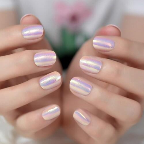 Light Pink Symphony Artificial Nails Short Round Metal Mirror Chorme Fake Nails Lady Daily Wear Manicure Product Z936 24Pcs