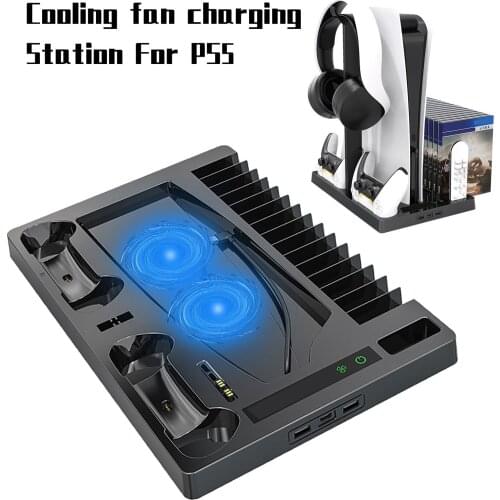 For PS5 DE/UHD Vertical Stand With Cooling Fan Charging Dock Station Game Vertical Rack For Playstation 5 Auarte Controller