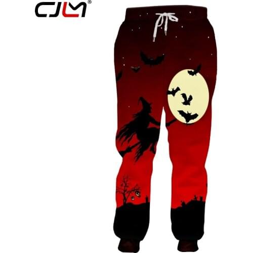 CJLM Mens Halloween Interesting Broom Witch 3D Printed Animal Black Bat Sweatpants Yellow Moon Man Spandex Gothic Clothing