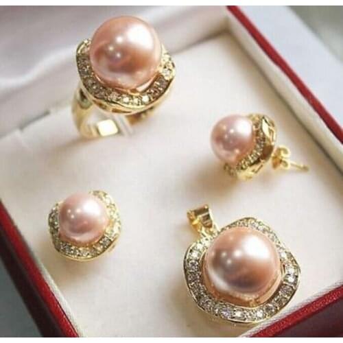 Womens Hair full wigs Set 10mm &14mm pink South sea Shell Pearl Earrings Necklace Ring size 7 8 9 AAA style Fine Noble real Nat