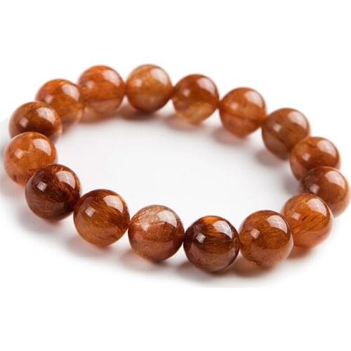 Genuine Natural Copper Hair Rutilated Quartz Crystal Women Charm Round Bead Healing Bracelet 12mm