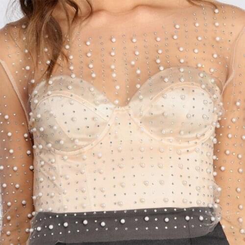 Y166 Women Long Sleeve Sheer Mesh Crop Top Pearls Rhinestone Cover Up Shirt Blouse
