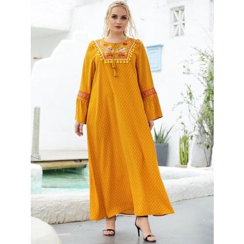 Plus Size Arabic Abaya Kaftan Dubai Hijab Muslim Long Dress Turkish Dresses Islamic Clothing Abayas For Women Vestidos Yellow